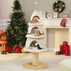 Modern Cat Tree 51.2-Inch Christmas Tree with Thick Scratch Post(φ5.4in), Wood Cat Tower, 3 Condos-Heavy Duty Cat Furniture, Metal Frame & Replaceable Mat for Indoor Cat