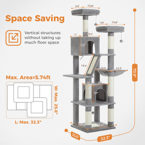 PEQULTI 71 " Cat Tree Tower for Large Cat Condo with Scratching Post Tall for Indoor, Gray