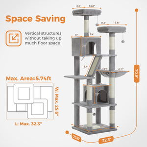 PEQULTI 71 " Cat Tree Tower for Large Cat Condo with Scratching Post Tall for Indoor, Gray