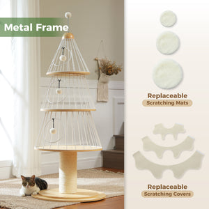 Modern Cat Tree 51.2-Inch Christmas Tree with Thick Scratch Post(φ5.4in), Wood Cat Tower, 3 Condos-Heavy Duty Cat Furniture, Metal Frame & Replaceable Mat for Indoor Cat