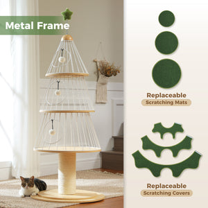 Modern Cat Tree 51.2-Inch Christmas Tree with Thick Scratch Post(φ5.4in), Wood Cat Tower, 3 Condos-Heavy Duty Cat Furniture, Metal Frame & Replaceable Mat for Indoor Cat