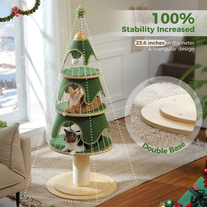 Modern Cat Tree 51.2-Inch Christmas Tree with Thick Scratch Post(φ5.4in), Wood Cat Tower, 3 Condos-Heavy Duty Cat Furniture, Metal Frame & Replaceable Mat for Indoor Cat