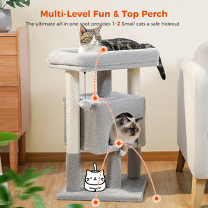 PEQULTI 28" Small Cat Tree Cat Tower with Big Top Perch for Kittens & Medium Size Cats, Gray