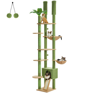 PAWZ Road 90.5-100.4" Floor to Ceiling Cat Tree Tower, Adjustable Climbing Tree for Indoor Cats, Green