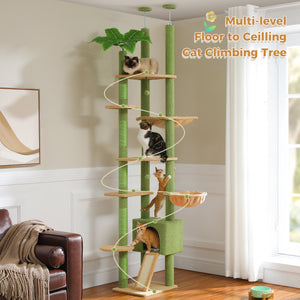 PAWZ Road 90.5-100.4" Floor to Ceiling Cat Tree Tower, Adjustable Climbing Tree for Indoor Cats, Green