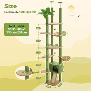 PAWZ Road 90.5-100.4" Floor to Ceiling Cat Tree Tower, Adjustable Climbing Tree for Indoor Cats, Green