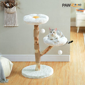 PAWZ Road 36-Inch Modern Luxury Wood Cat Tree, Natural Wood, Flower Design for Indoor Cats, White