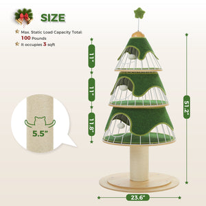 Modern Cat Tree 51.2-Inch Christmas Tree with Thick Scratch Post(φ5.4in), Wood Cat Tower, 3 Condos-Heavy Duty Cat Furniture, Metal Frame & Replaceable Mat for Indoor Cat